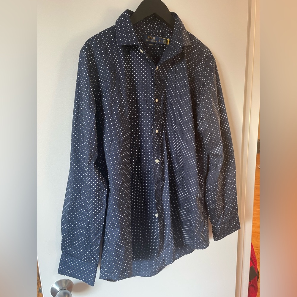 Polo Ralph Lauren Button Down Dress Shirt Navy Polka Dot EUC XL 17 1/2
